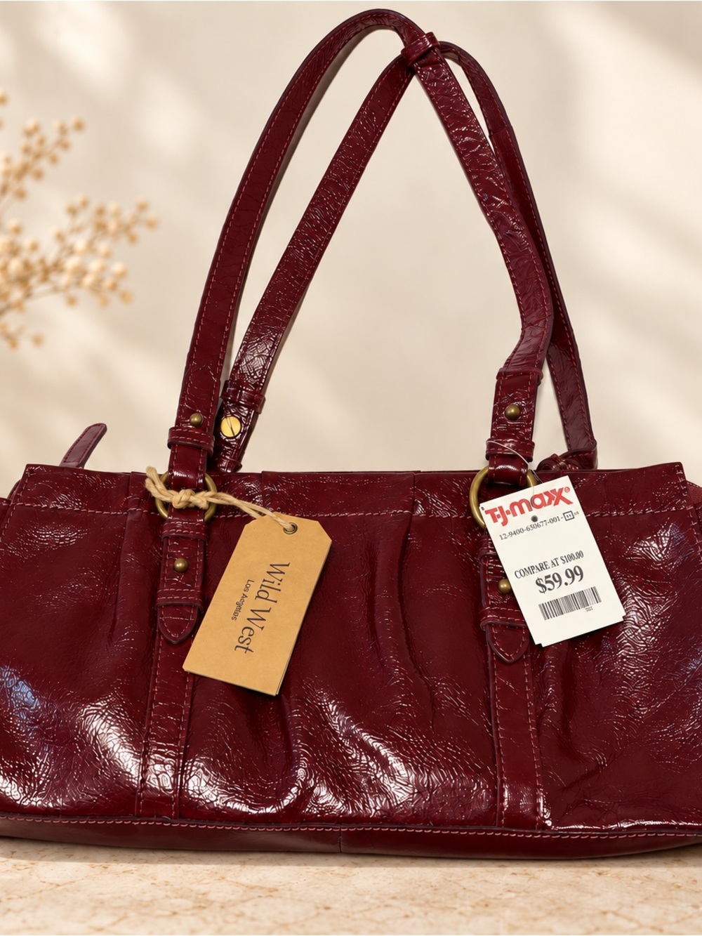 Wild West Glossy Wine Red Shoulder Bag with Dual Straps